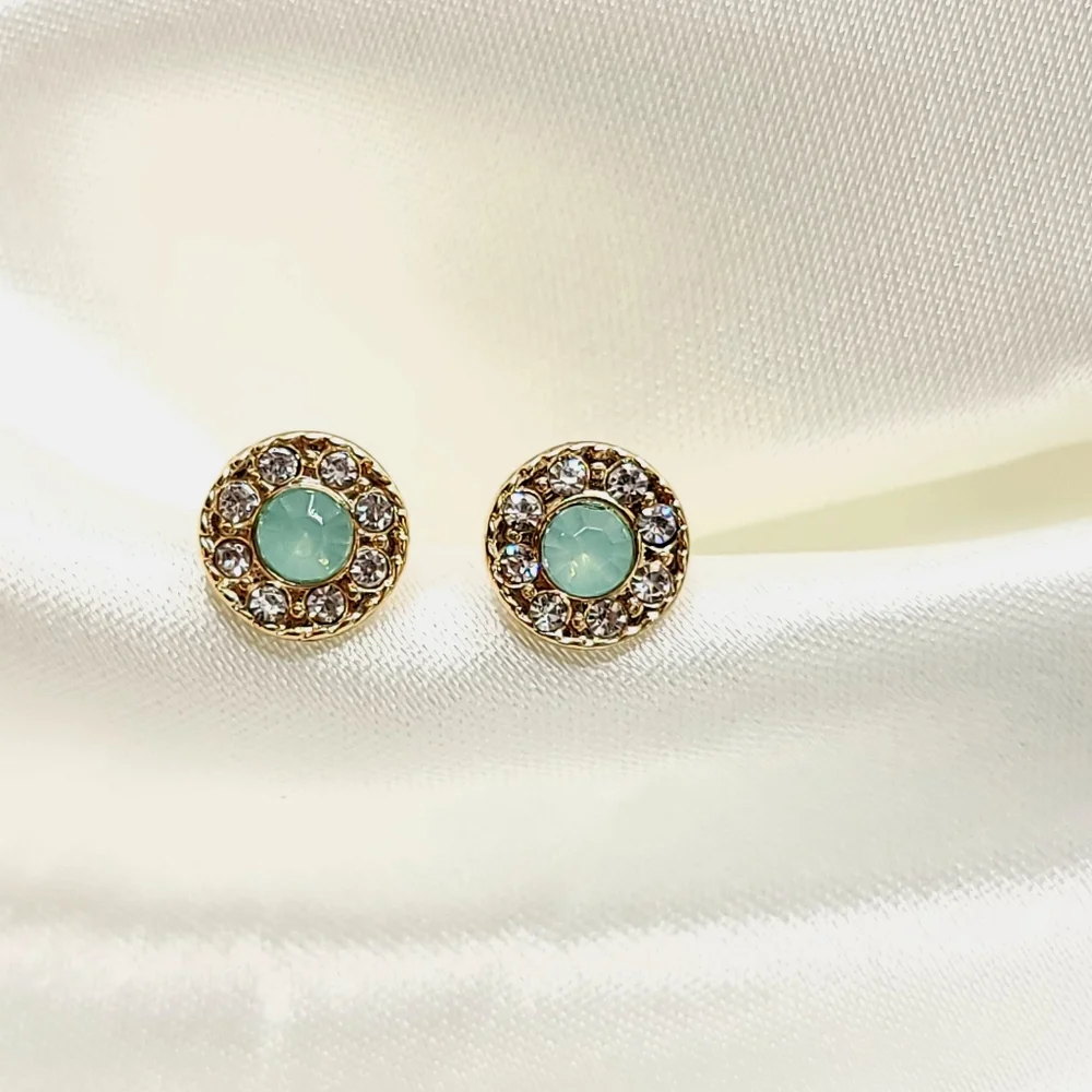 Gold Seafoam Diamond Halo Rhinestone Stud Button Earrings